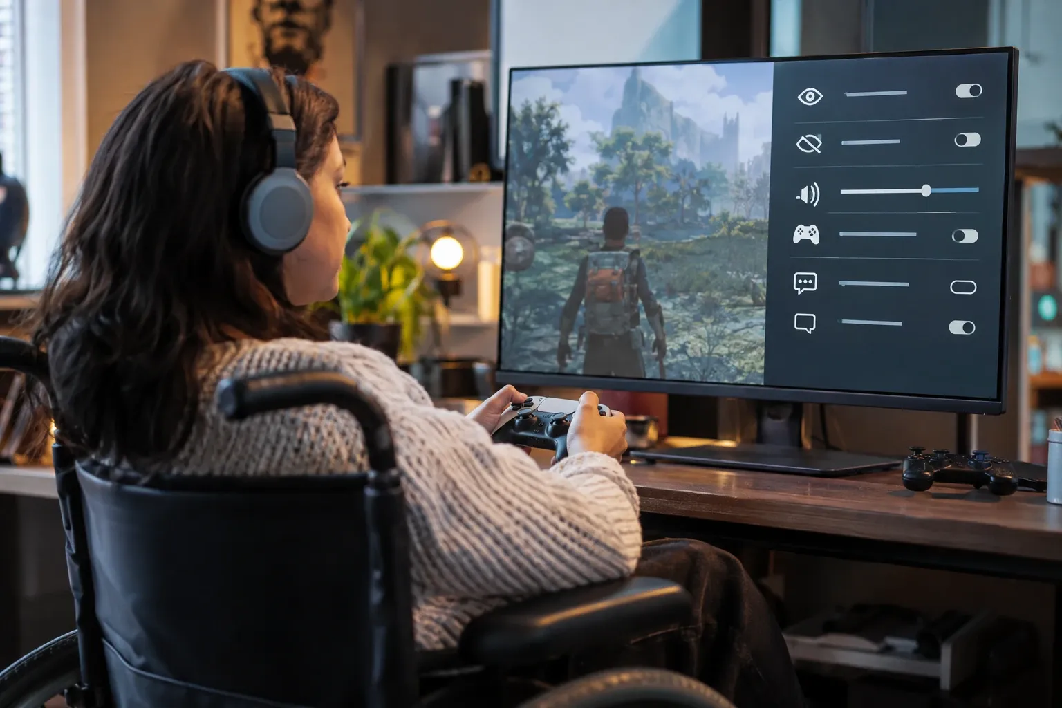 Personne en fauteuil roulant portant un casque, jouant à un jeu avec menu d’accessibilité à l’écran