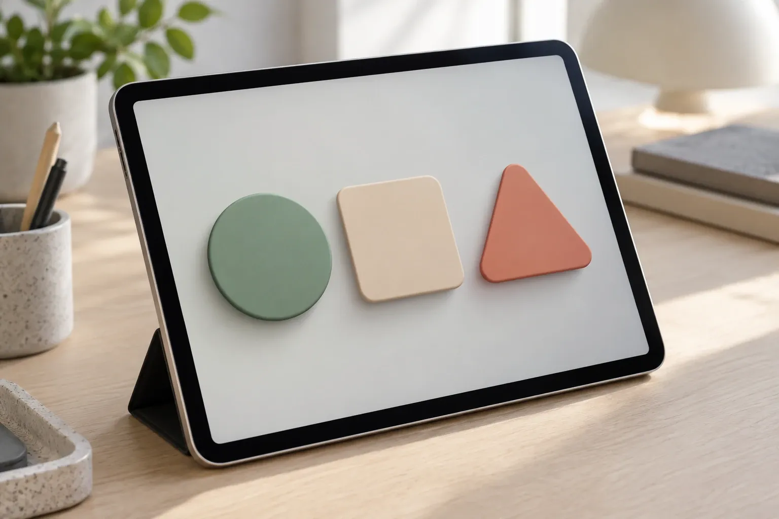 Tablette posée sur bureau affichant trois formes colorées : cercle, carré, triangle