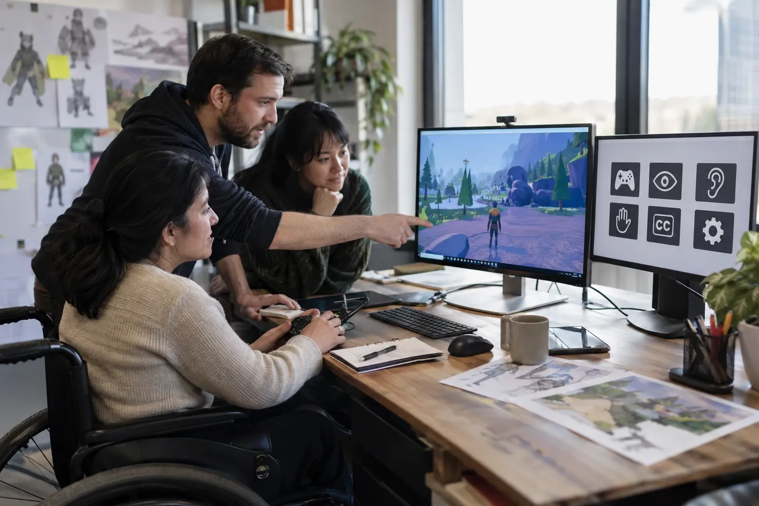 Trois concepteurs examinant un jeu en 3D sur deux écrans au bureau