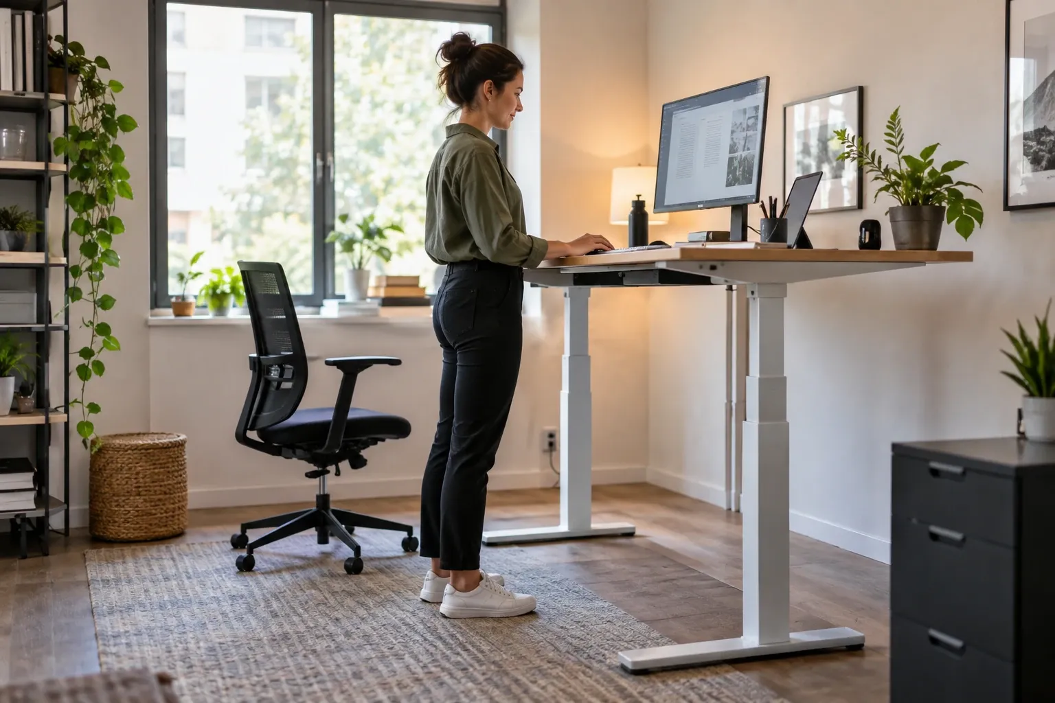 Femme debout travaillant sur bureau assis-debout réglable, écran, chaise et plantes