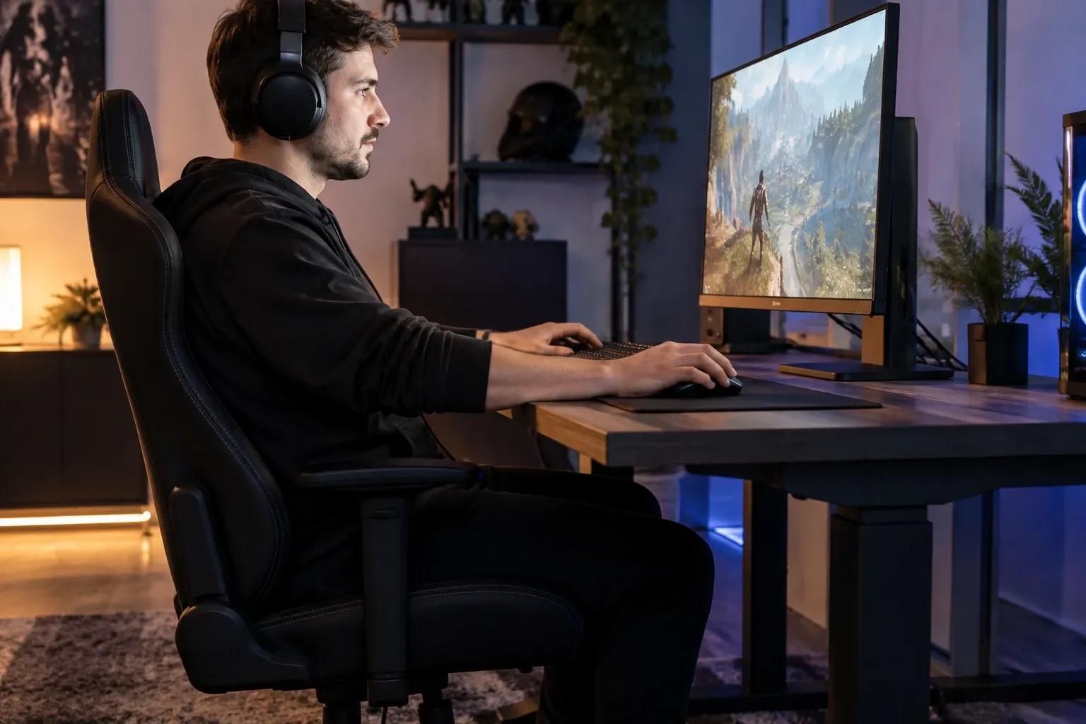 Homme assis droit sur chaise gaming, écran à hauteur des yeux à environ 60–70 cm