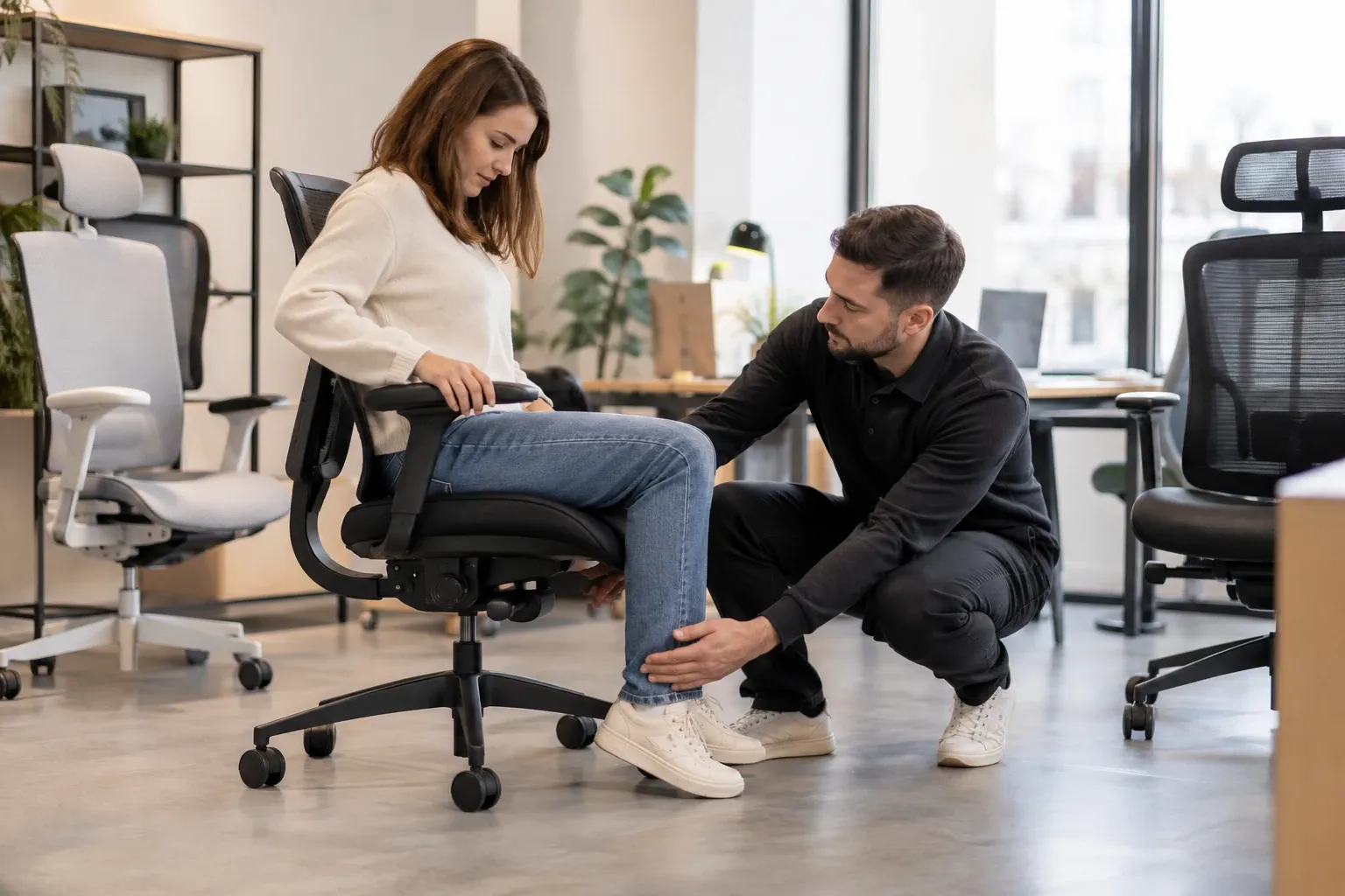 Vendeur ajustant la hauteur d'une chaise de bureau ergonomique pendant essai en magasin