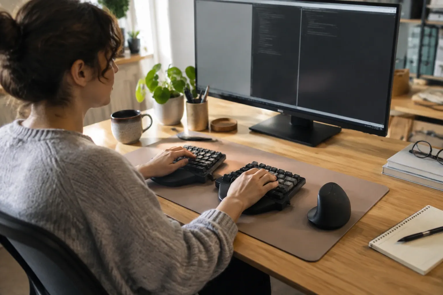 Person assise tapant sur clavier ergonomique split courbé, moniteur et souris verticale