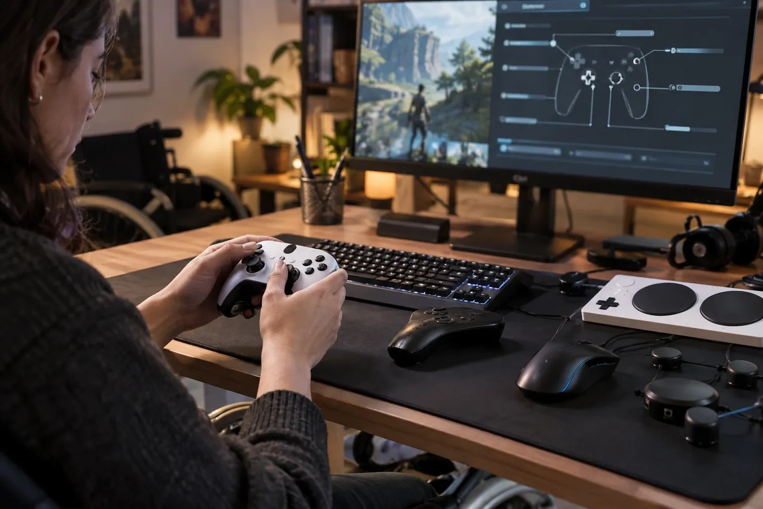 Person assise en fauteuil roulant tenant une manette blanche devant écran montrant remappage des commandes