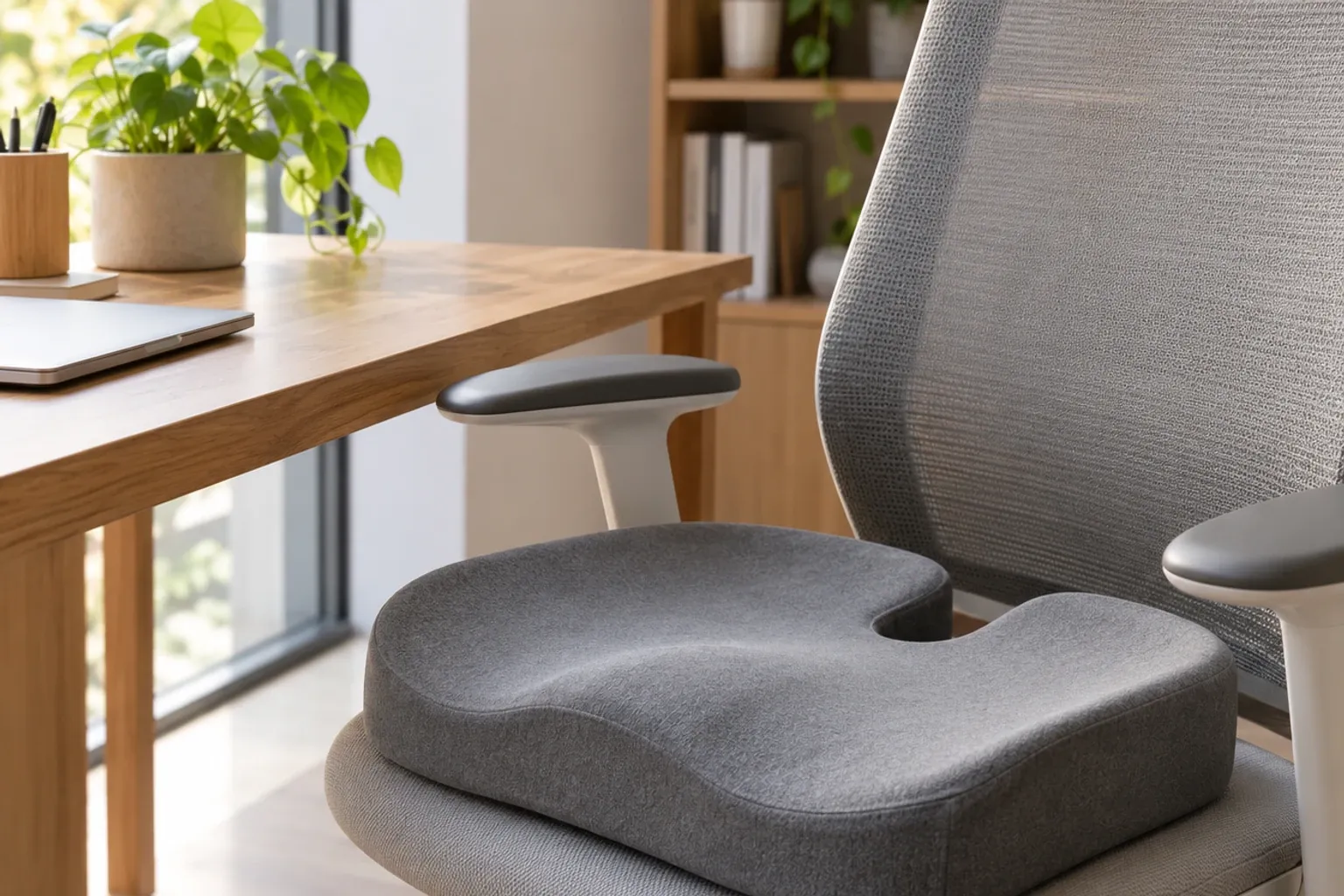 Coussin ergonomique en mousse grise posé sur chaise de bureau près d'un bureau lumineux