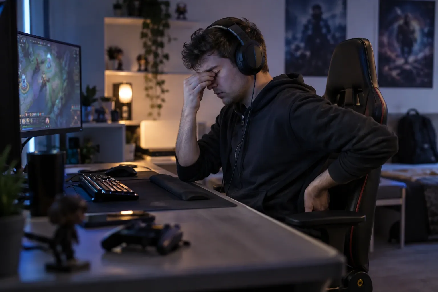 Joueur assis au bureau se massant la nuque et se frottant les yeux