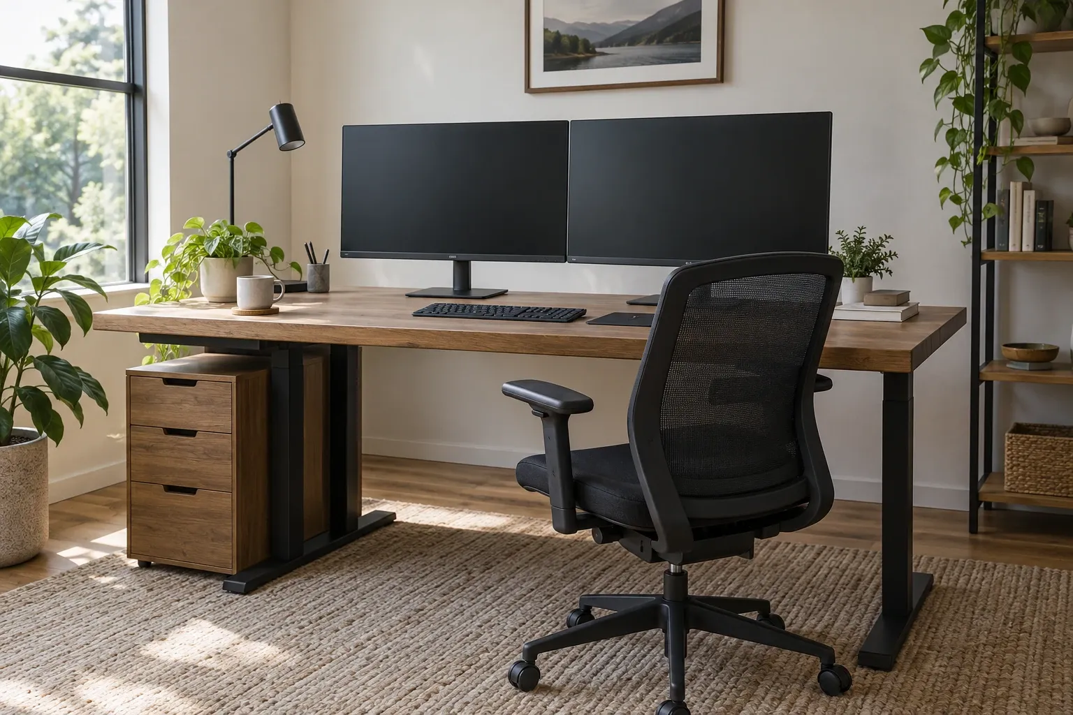 Bureau lumineux avec double écran, clavier, fauteuil ergonomique et plantes près de la fenêtre