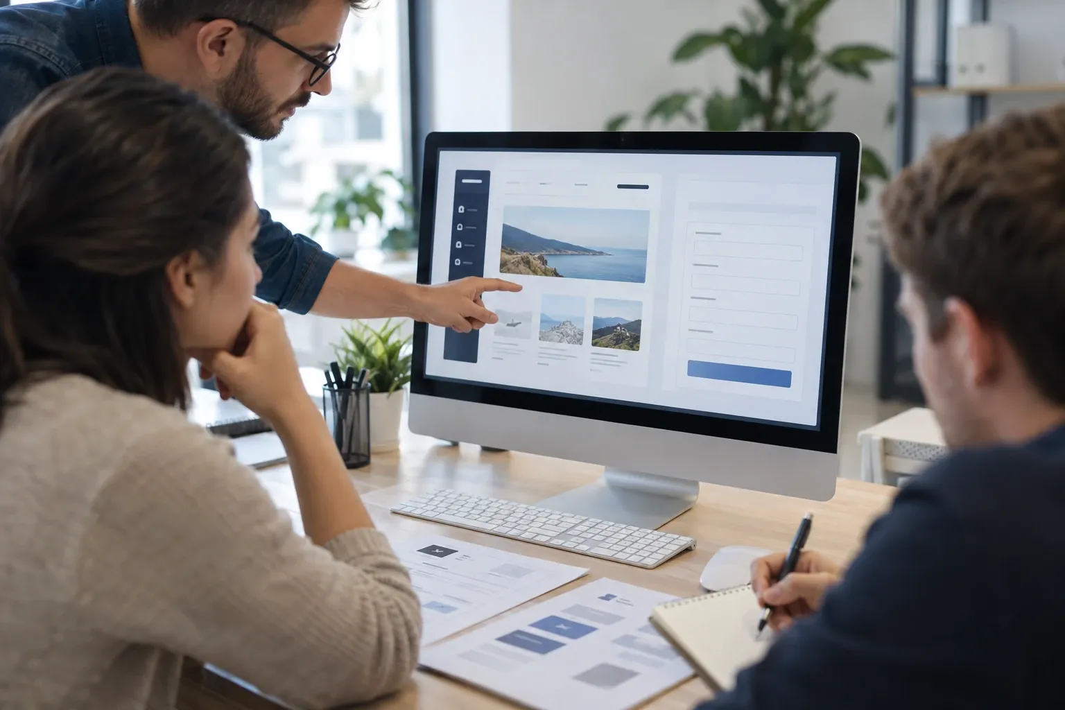 Trois personnes examinant une maquette de site web affichée sur un grand écran d'ordinateur