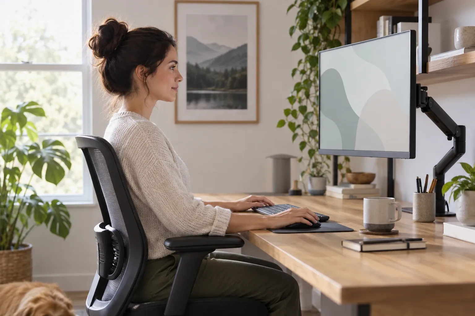 Femme assise droit sur chaise ergonomique, clavier et écran réglés à hauteur confortable