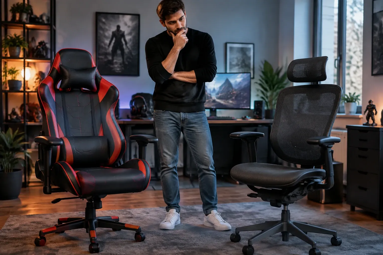 Homme pensif comparant un fauteuil gamer rouge et noir et une chaise ergonomique grise