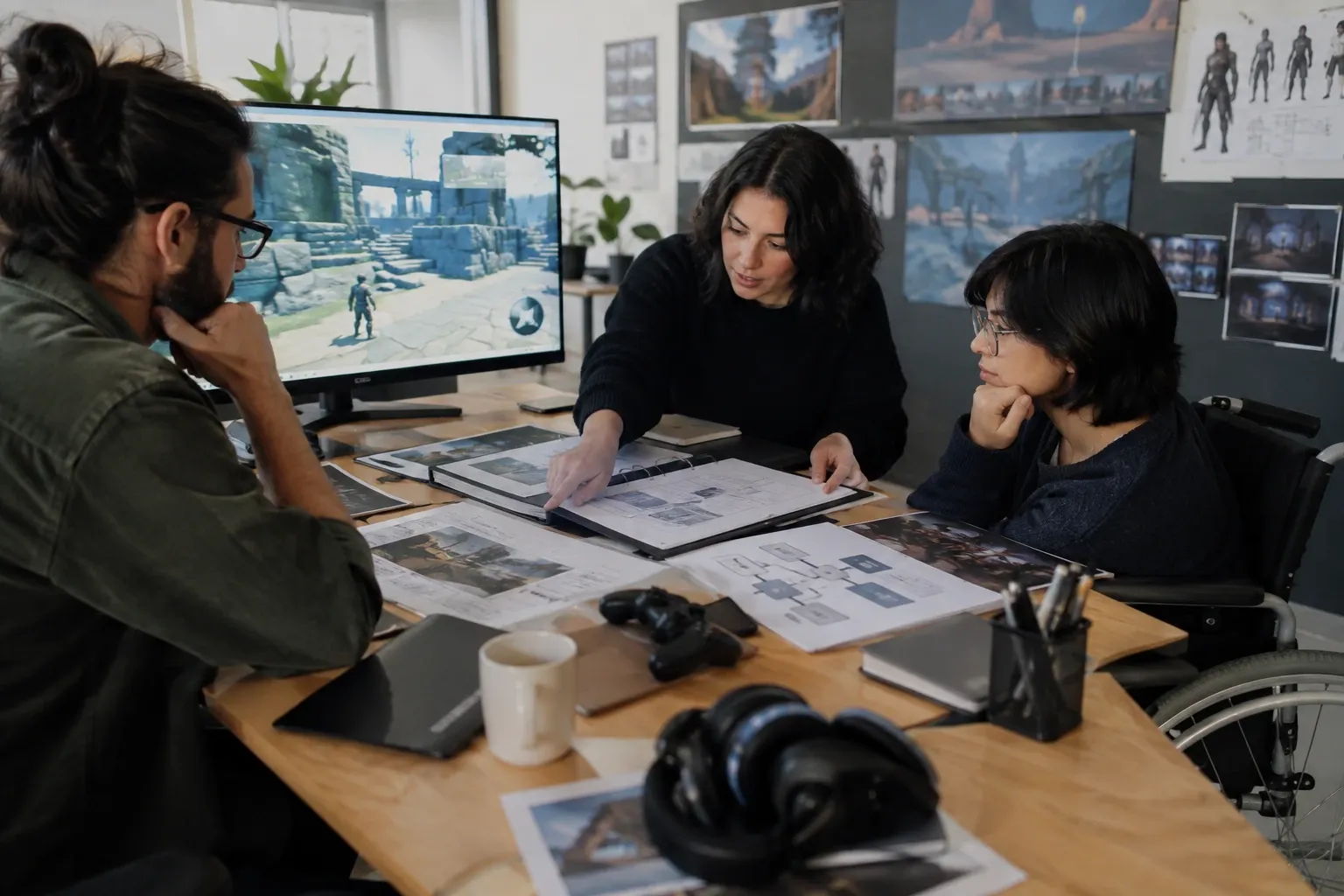 Trois créateurs discutant un document de game design, écran montrant un jeu, bureau encombré