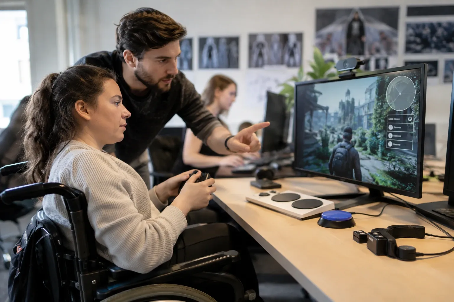 Femme en fauteuil dirige manette, homme debout pointe écran montrant jeu d'aventure urbain