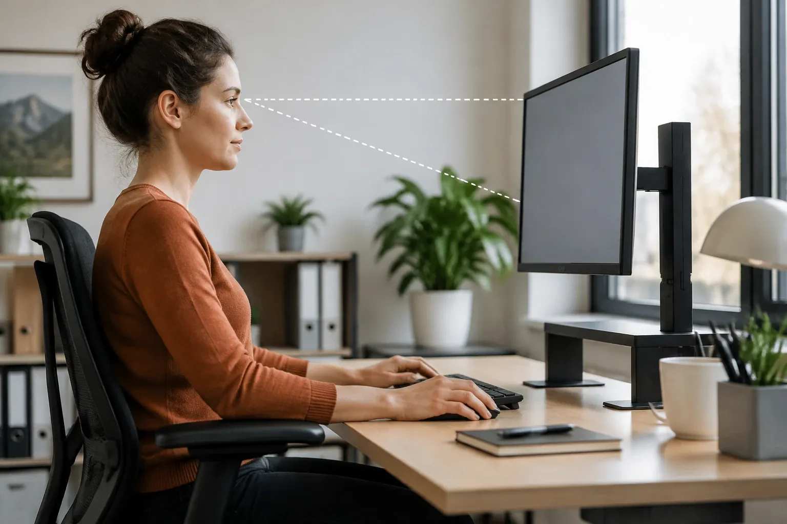 Femme assise droite regardant écran d'ordinateur ajusté à la hauteur des yeux