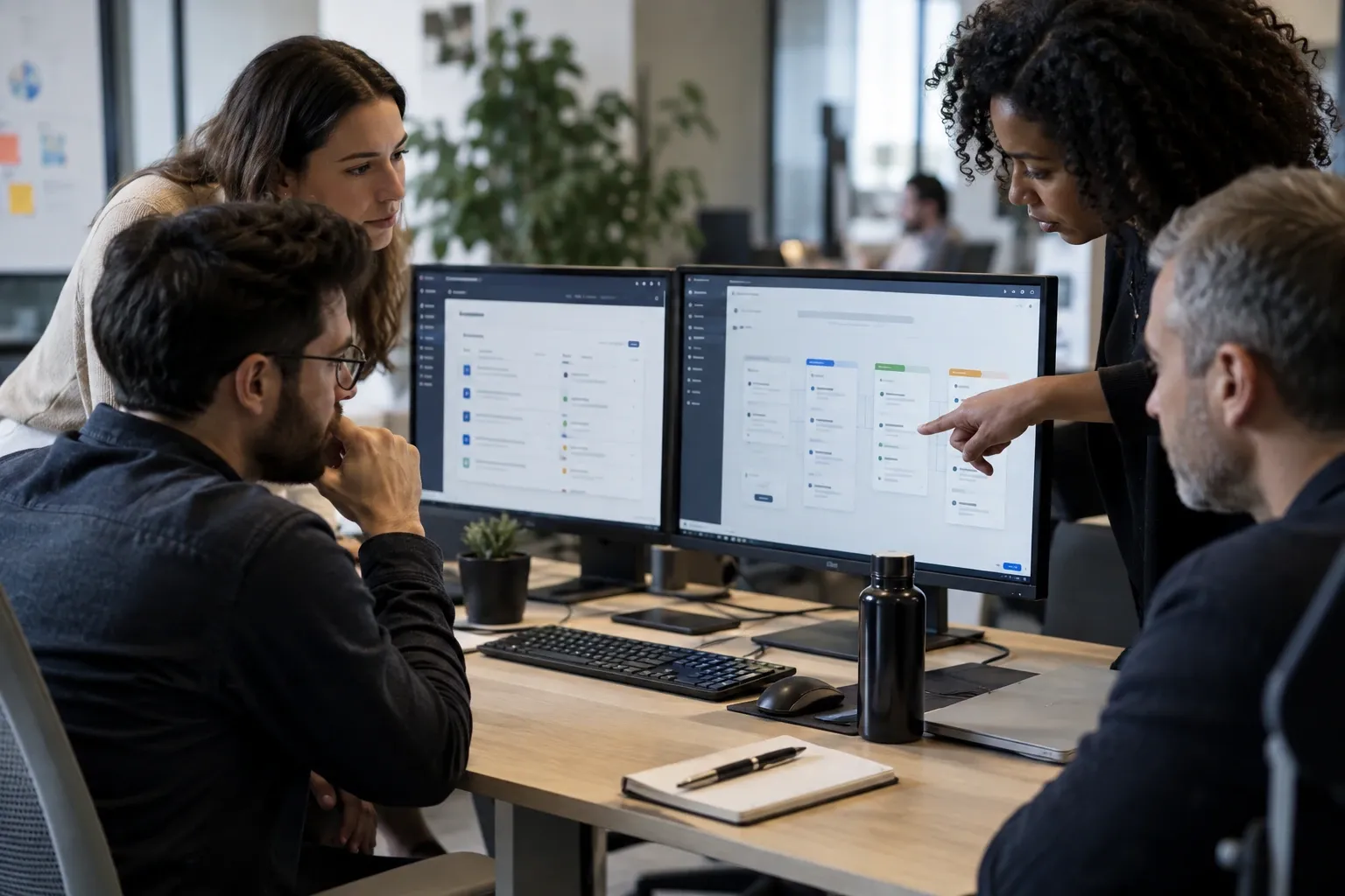Quatre collègues examinant un tableau Kanban sur deux écrans d'ordinateur au bureau