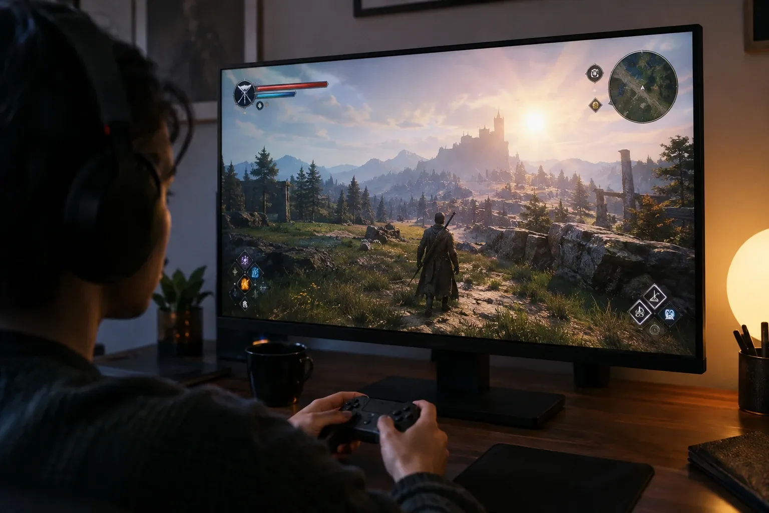 Person assis contrôleur en main regardant écran montrant RPG paysage, HUD minimal et clair
