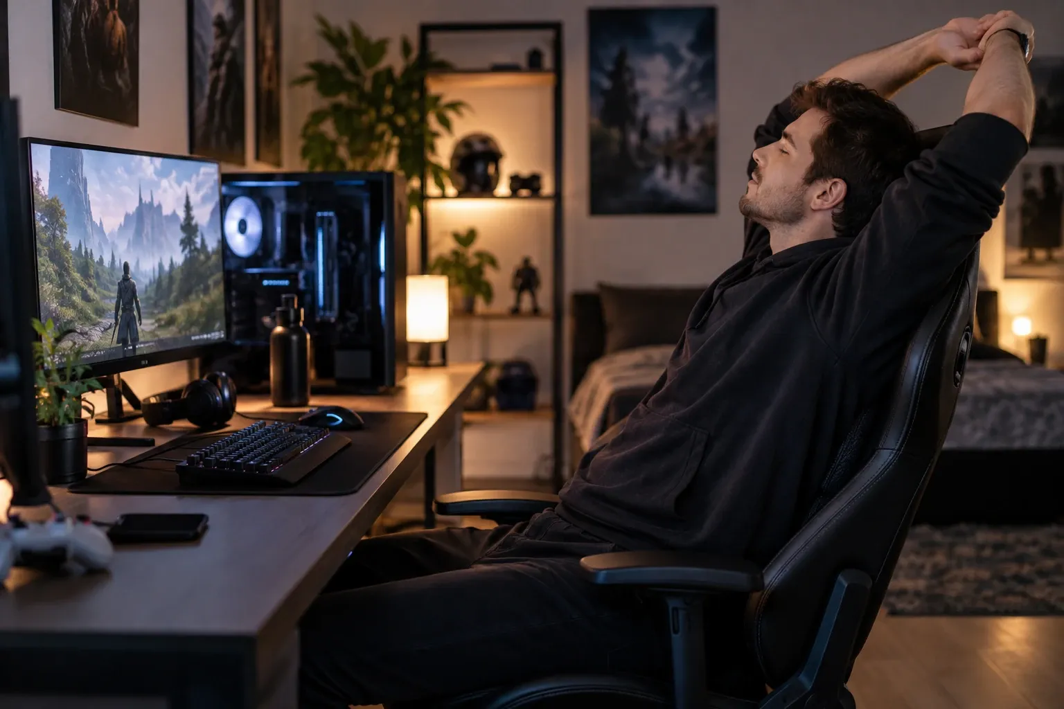 Homme assis dans un fauteuil gamer, s'étirant en arrière devant son bureau lumineux