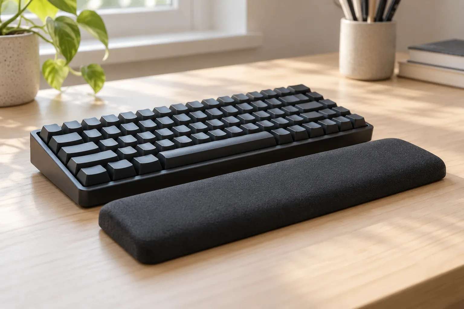 Clavier mécanique compact noir avec repose-poignet ergonomique rembourré sur bureau en bois