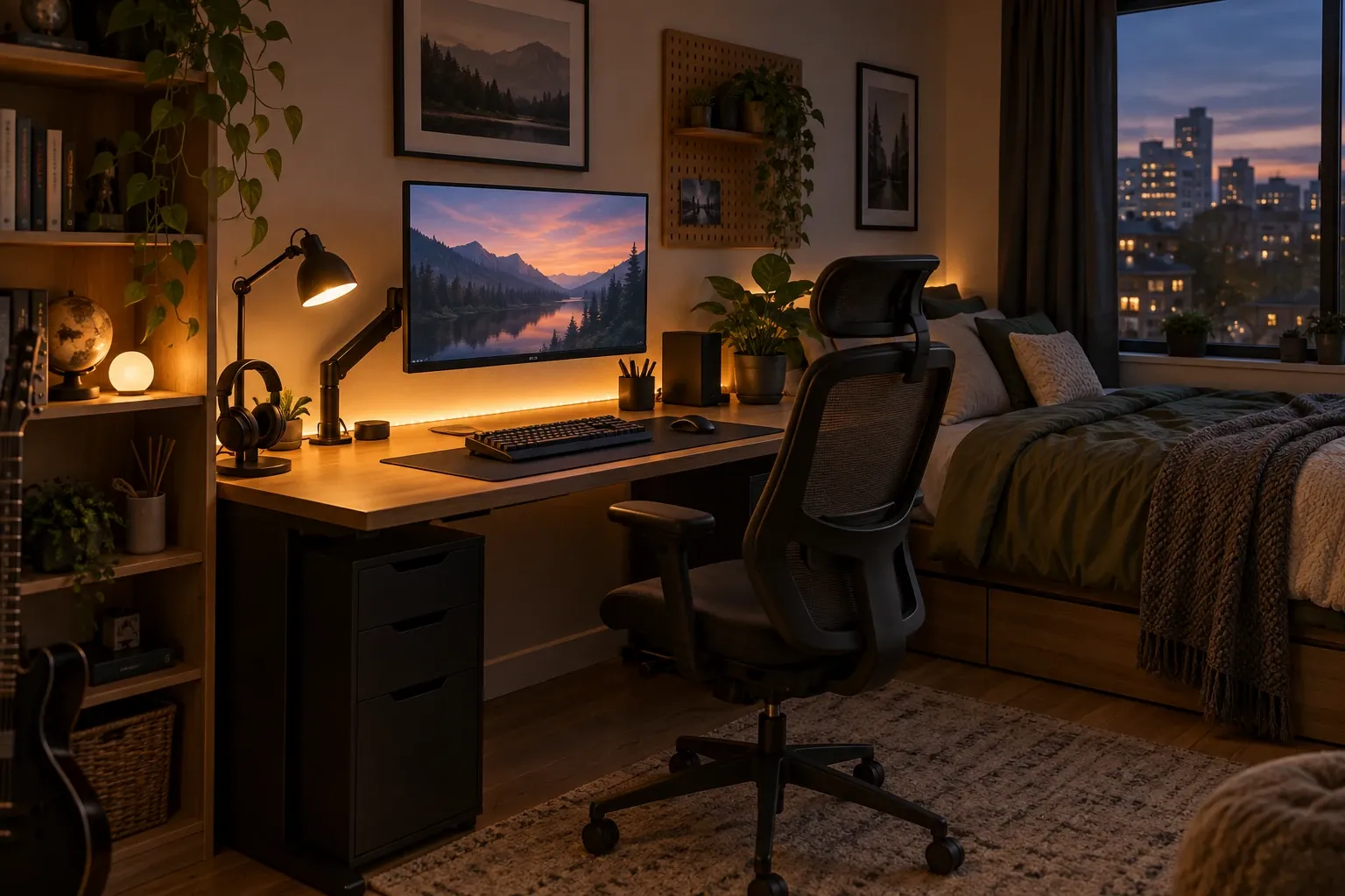 Bureau gaming éclairé à la lampe, écran paysage, chaise ergonomique, lit près de la fenêtre nuit