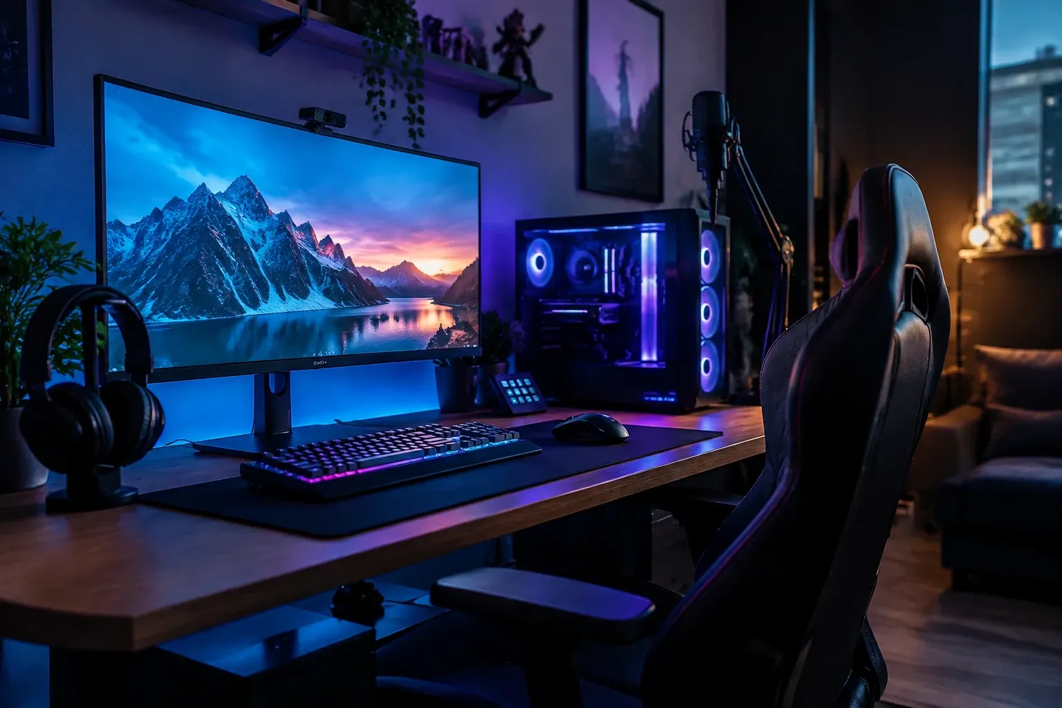 Bureau gaming éclairé en RGB avec écran ultrawide, PC tour, clavier mécanique et fauteuil gamer