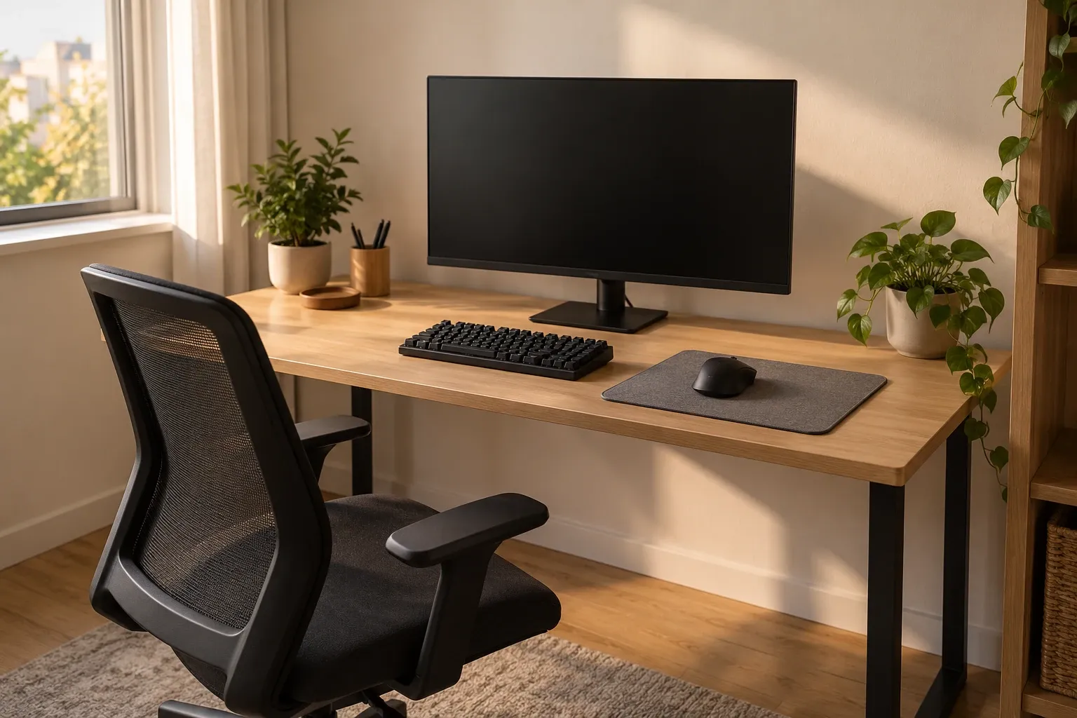 Bureau minimaliste avec écran, clavier compact, souris sur tapis et chaise ergonomique