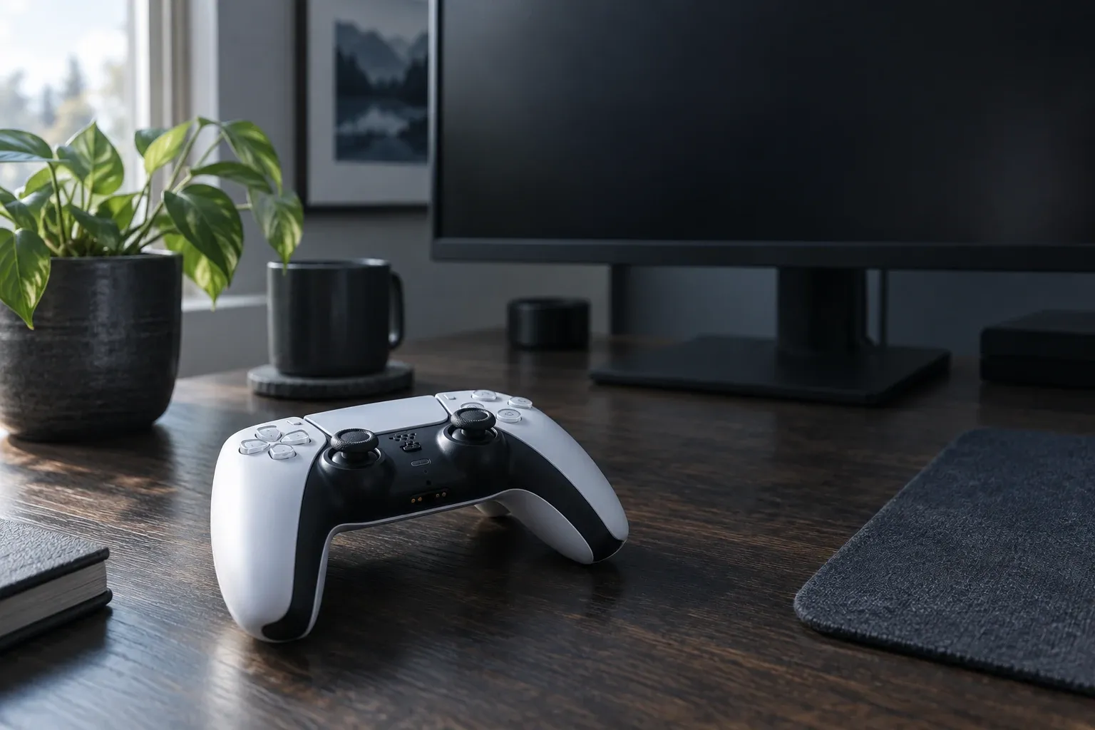 Manette blanche et noire posée sur bureau en bois devant écran et plante