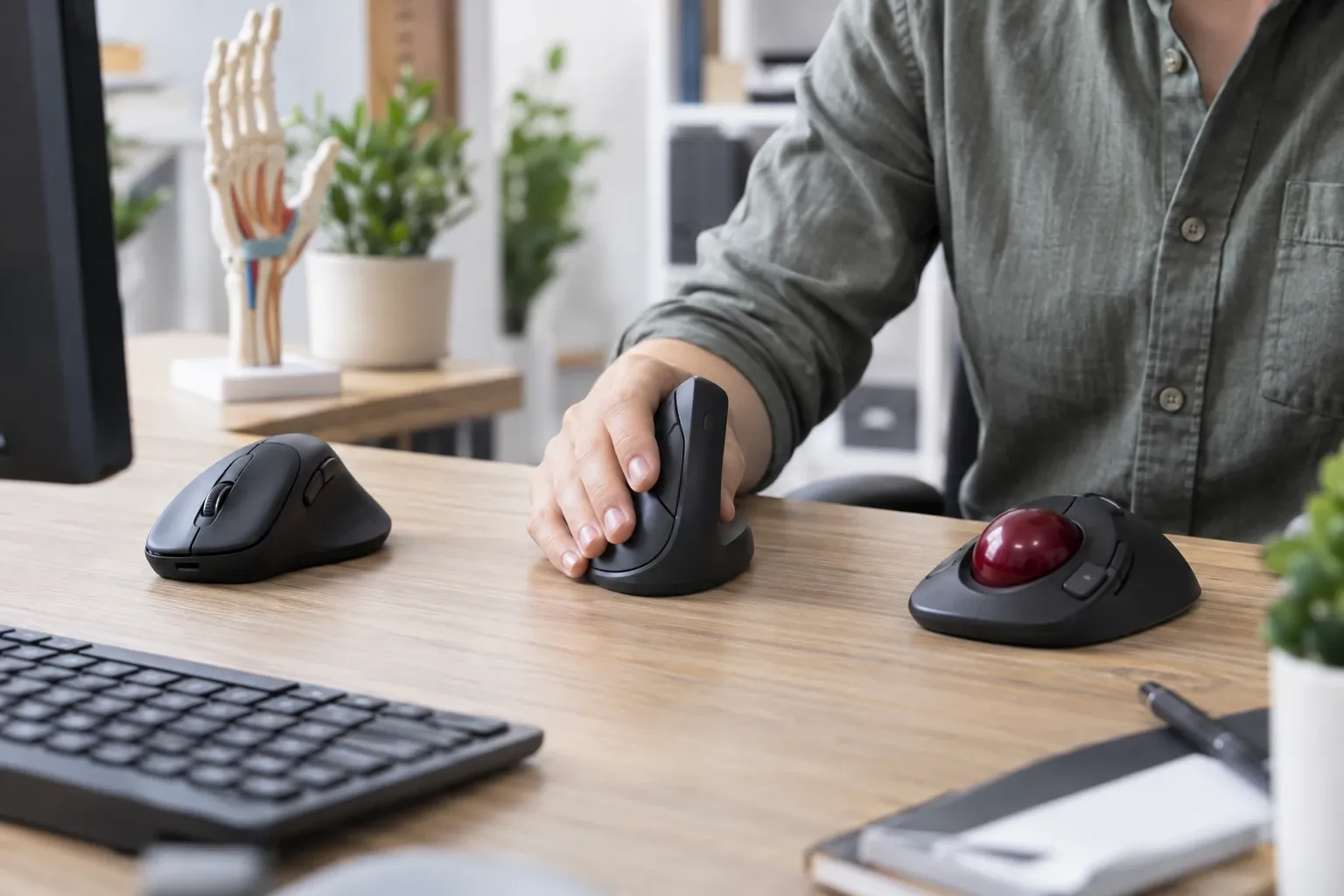 Person utilisant une souris verticale au centre, souris ergonomique et trackball alignées sur le bureau