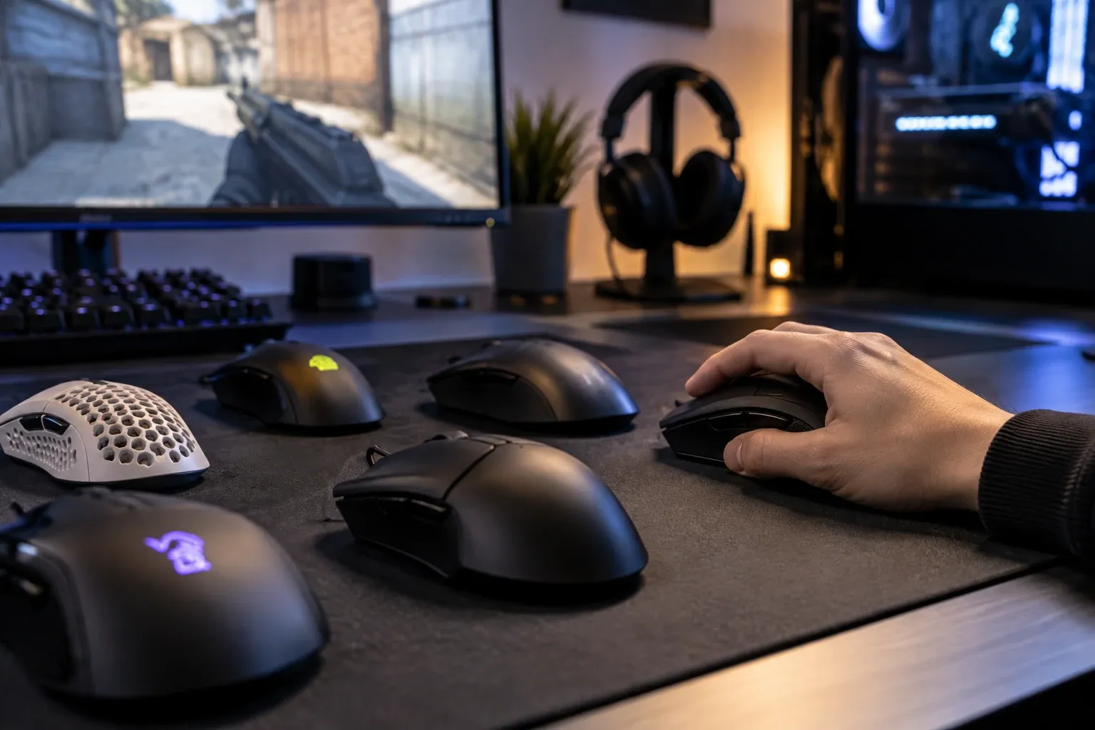 Main droite tenant une souris gamer noire parmi plusieurs souris posées sur tapis