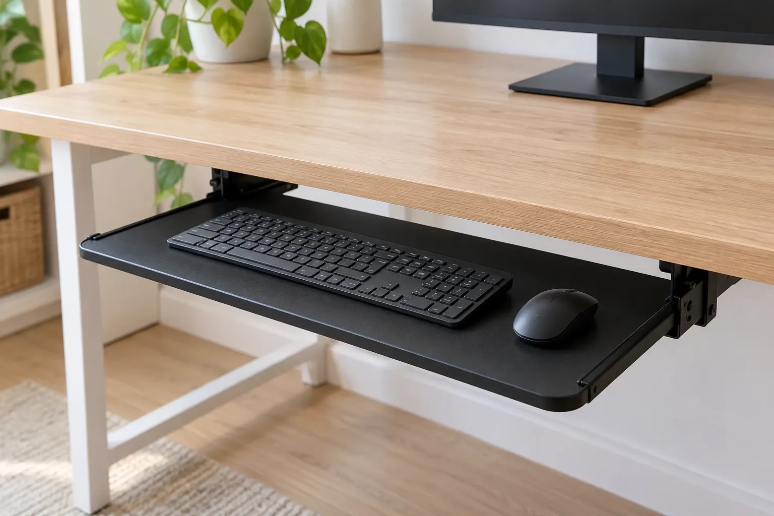 Support clavier ergonomique coulissant noir sous bureau avec clavier et souris